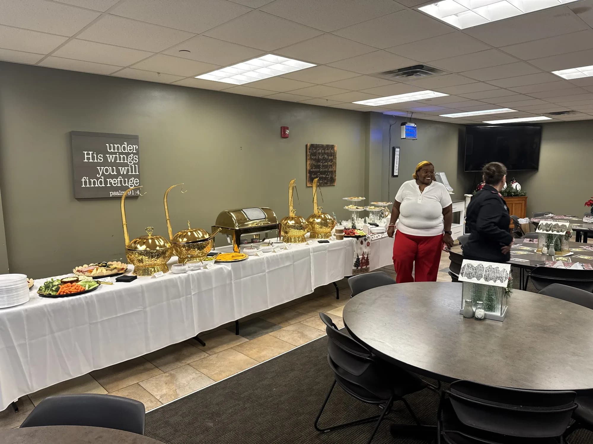 Office buffet with gold chafing dishes