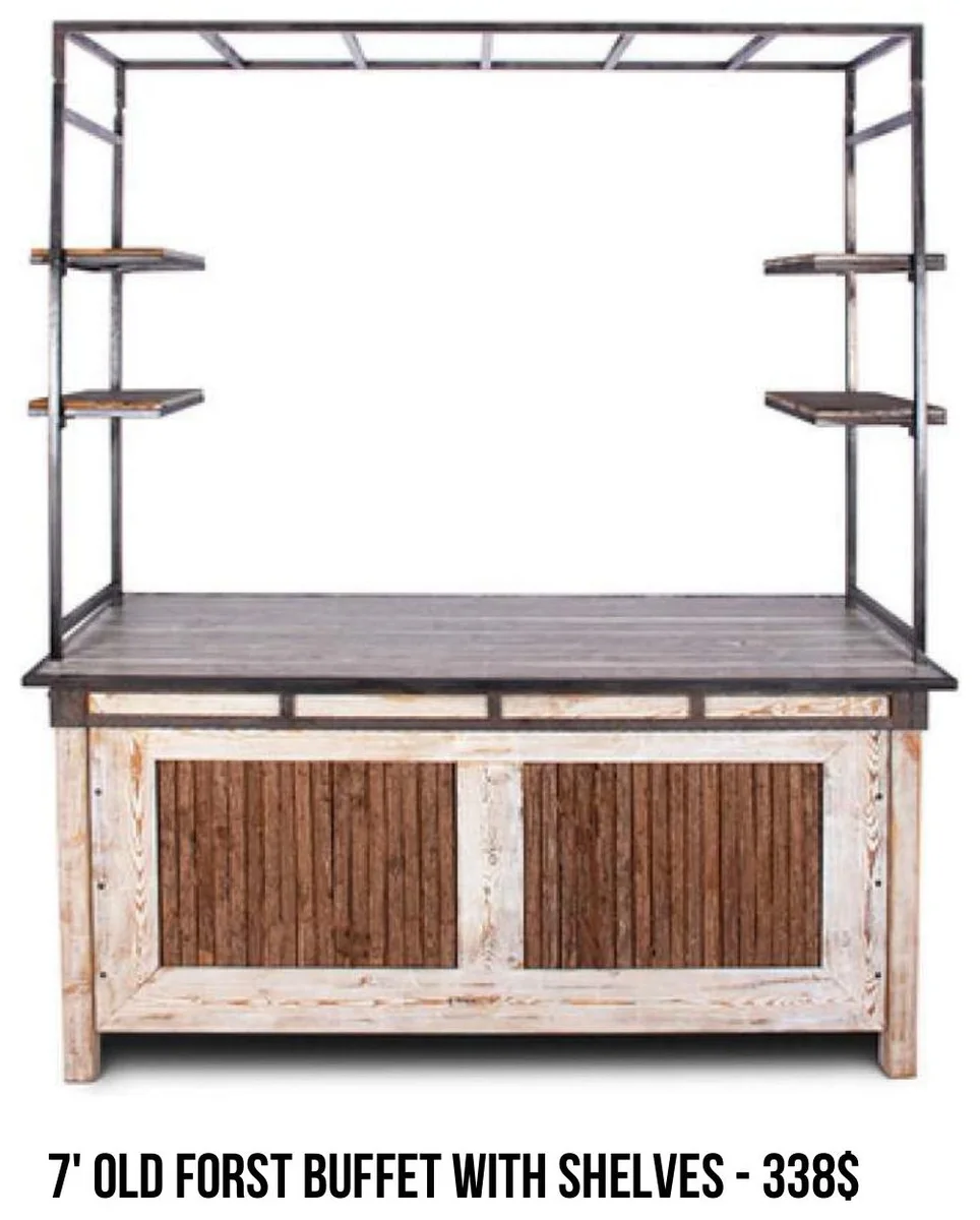 7' Old Forest Buffet with Shelves rental