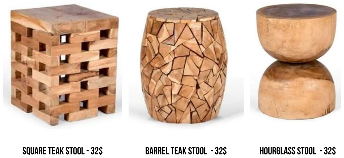 Square Teak, Barrel Teak & Hourglass Stools rental